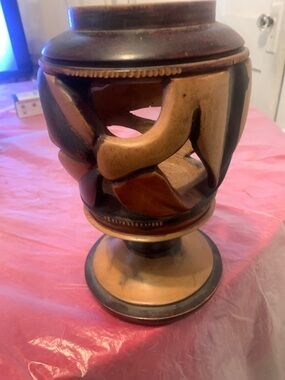 Hand-Carved Wood Decorative Pedestal Vase - Brown & Black